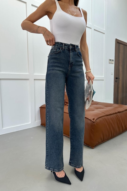 Yıkamalı Wide Leg Jean Pantolon Mavi