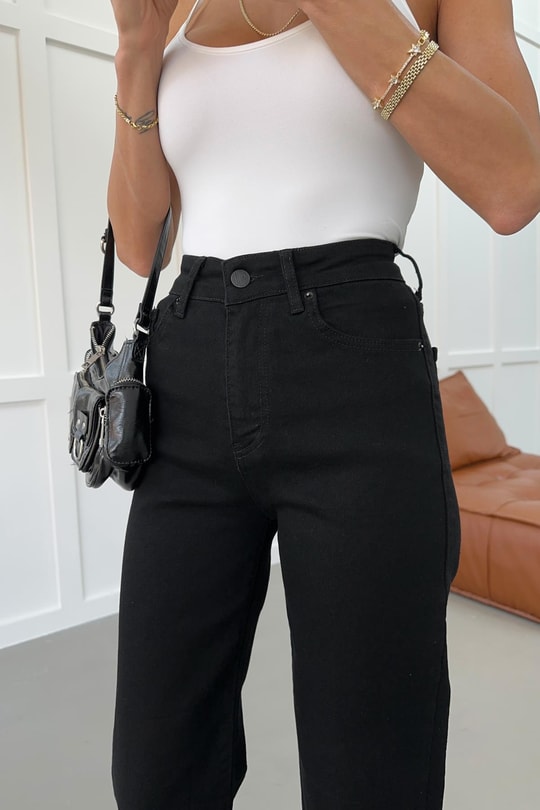 Yıkamalı Wide Leg Jean Pantolon Siyah