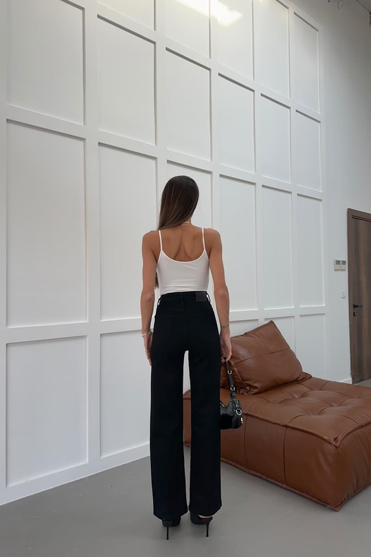 Yıkamalı Wide Leg Jean Pantolon Siyah