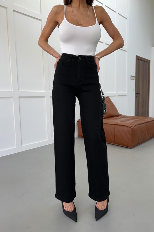 Yıkamalı Wide Leg Jean Pantolon Siyah