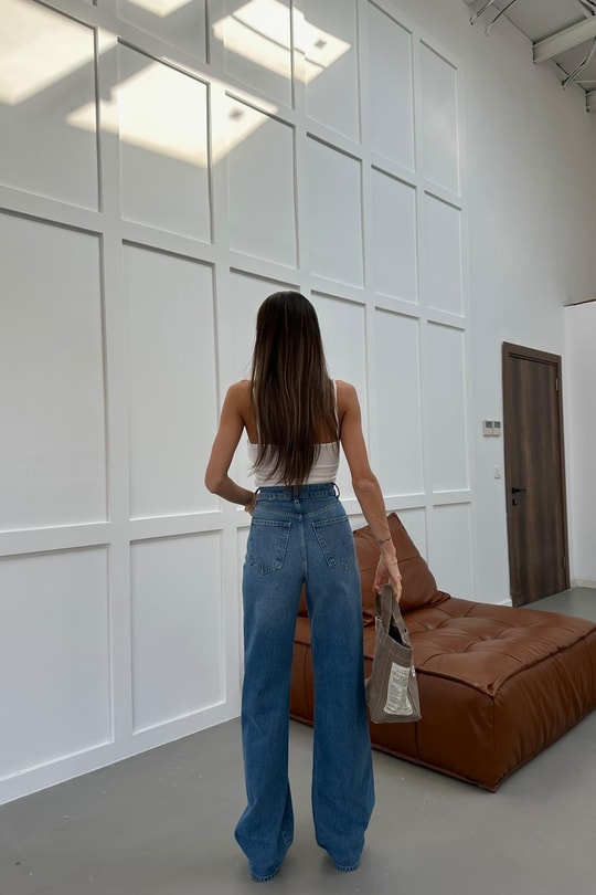 Yırtık Wide Leg Jean Mavi