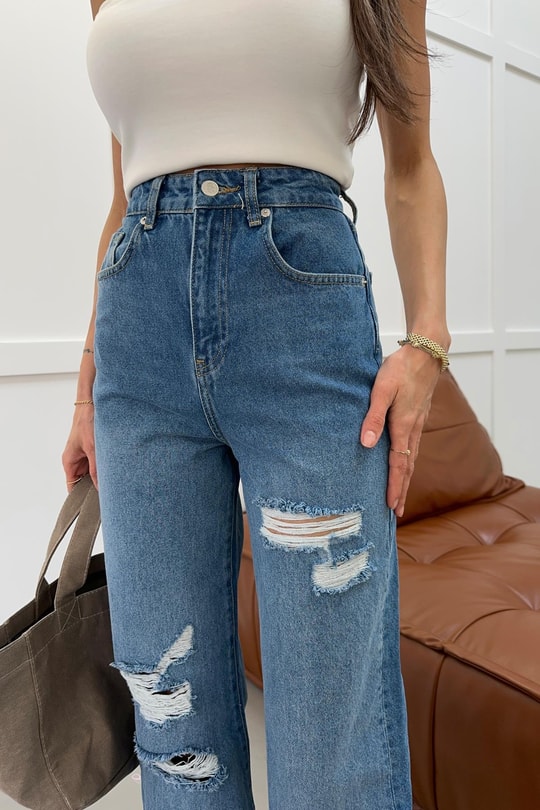 Yırtık Wide Leg Jean Mavi