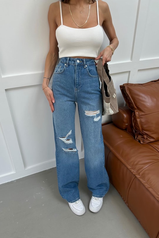 Yırtık Wide Leg Jean Mavi