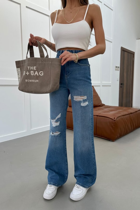 Yırtık Wide Leg Jean Mavi