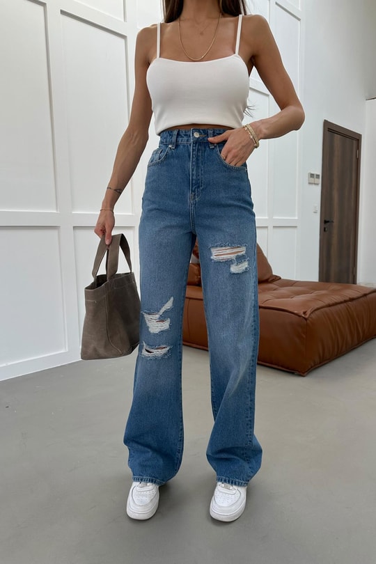 Yırtık Wide Leg Jean Mavi