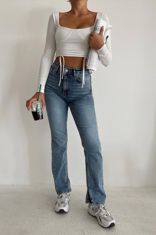 Yırtmaçlı Flare Skinny Jean Mavi