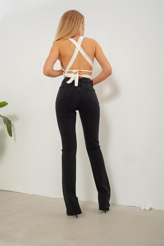 Yırtmaçlı Straight Jean Füme
