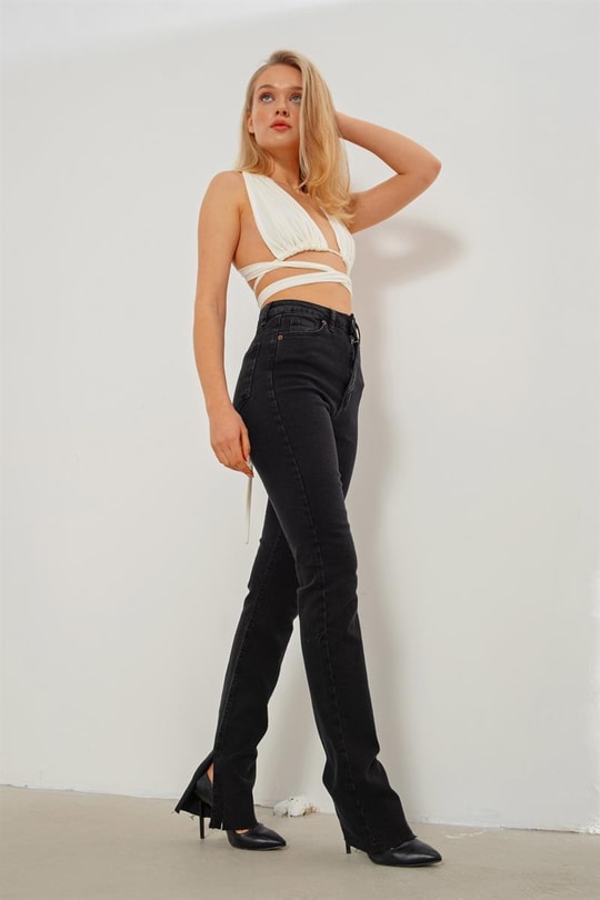 Yırtmaçlı Straight Jean Füme