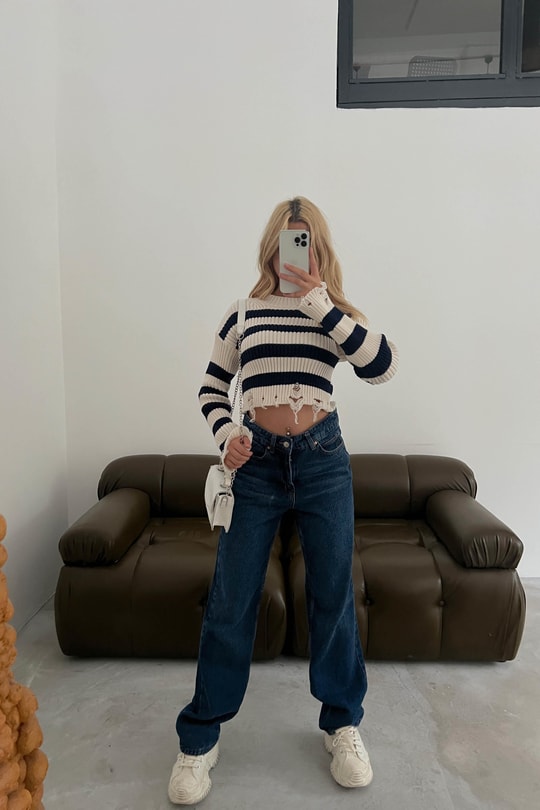 Yüksek Bel Denim Pantolon Mavi