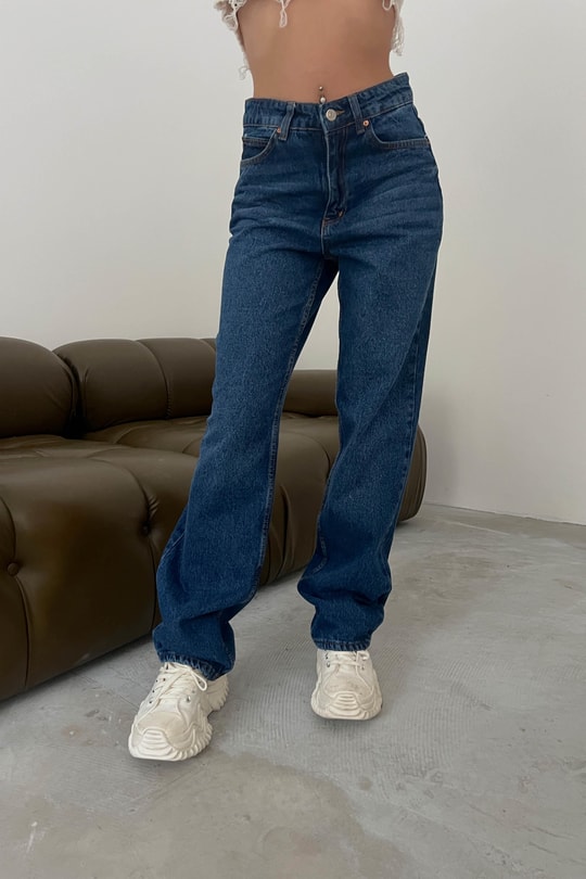 Yüksek Bel Denim Pantolon Mavi
