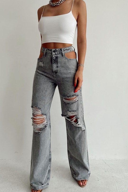 Yüksek Bel Distressed Jean Gri