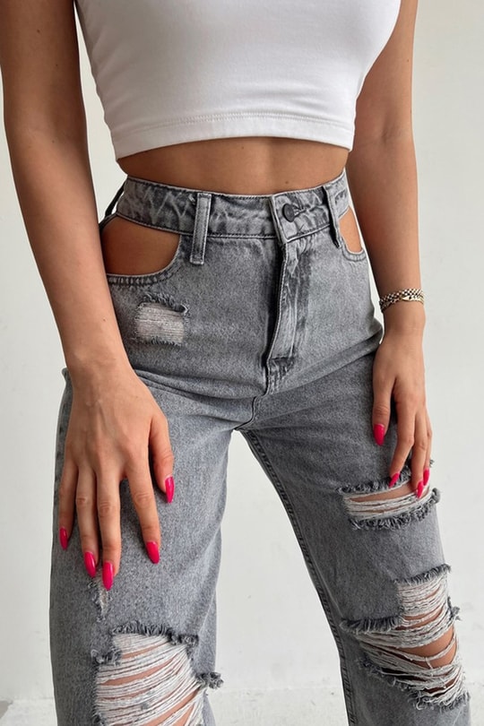 Yüksek Bel Distressed Jean Gri
