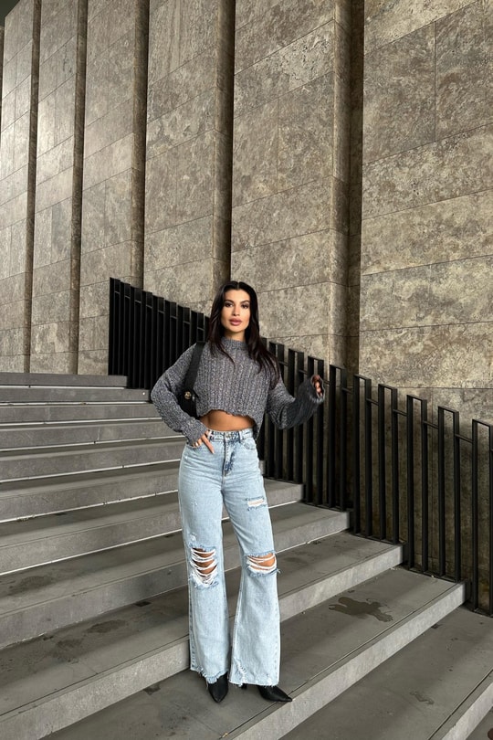 Yüksek Bel Distressed Palazzo ean Buz Mavi