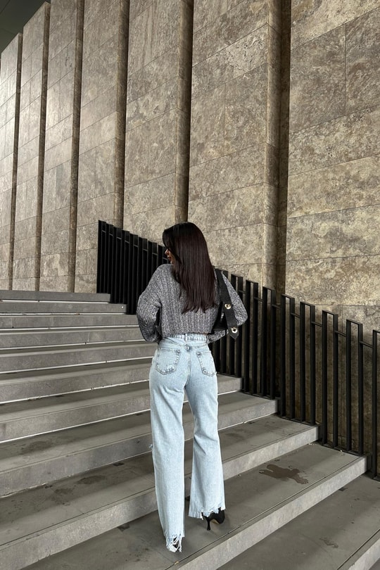 Yüksek Bel Distressed Palazzo ean Buz Mavi