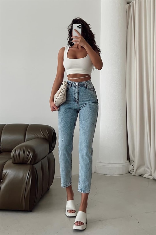 Yüksek Bel Leo Mom Jean Mavi