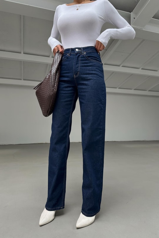 Yüksek Bel Straight Jean Lacivert