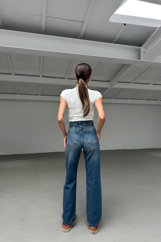 Yüksek Bel Straight Jean Mavi