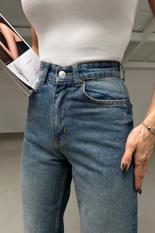 Yüksek Bel Straight Jean Mavi