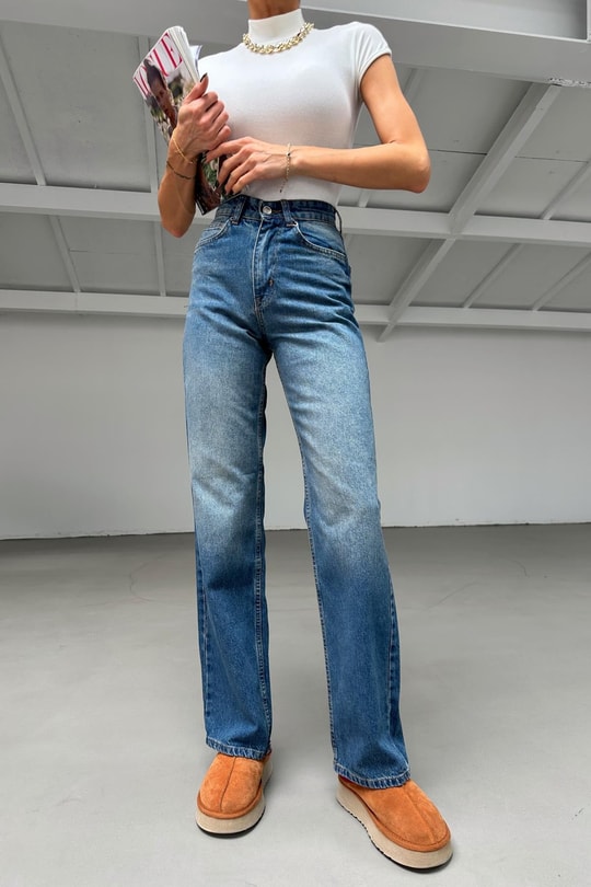 Yüksek Bel Straight Jean Mavi