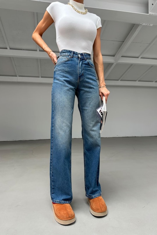 Yüksek Bel Straight Jean Mavi