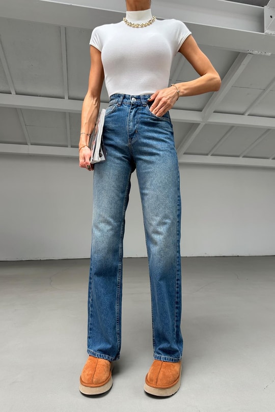 Yüksek Bel Straight Jean Mavi