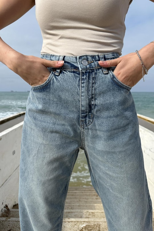 Yüksek Bel Yıkama Jean Buz Mavi