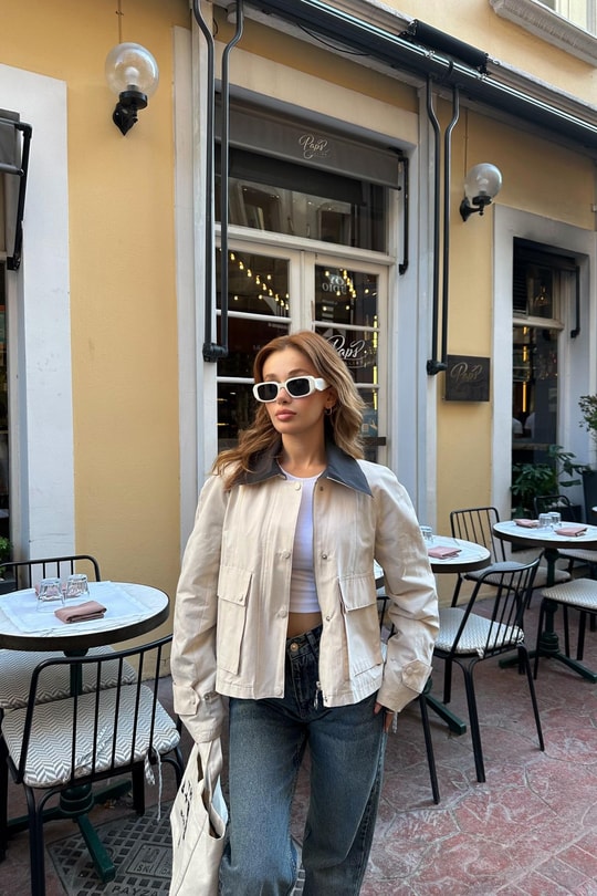 Blok Yaka Kısa Ceket Mont Taş