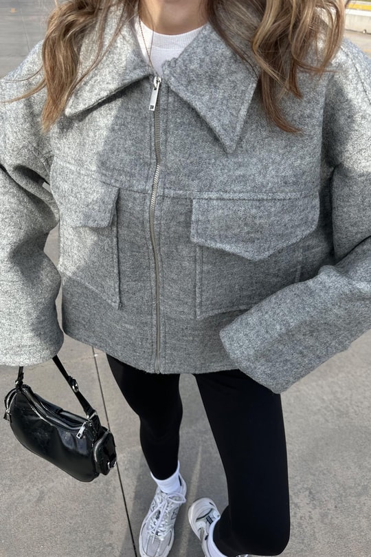Bomber Mini Kaşe Kaban Gri