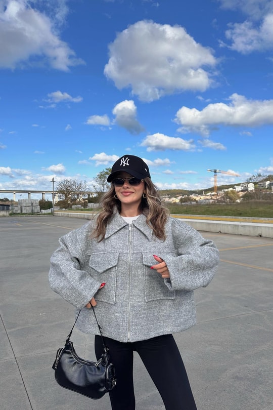 Bomber Mini Kaşe Kaban Gri
