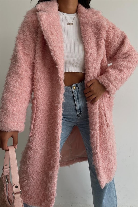 Cep Detay Peluş Yumoş Kaban Pembe