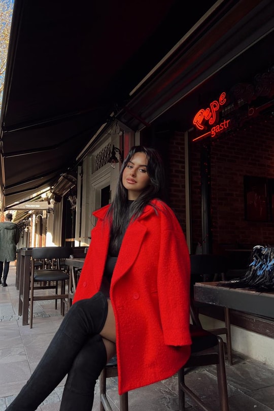 Çizgi Astarlı Bukle Kaban Kırmızı