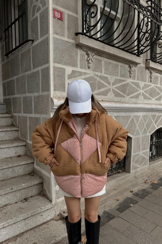 Deri Detaylı Puffer Mont Camel