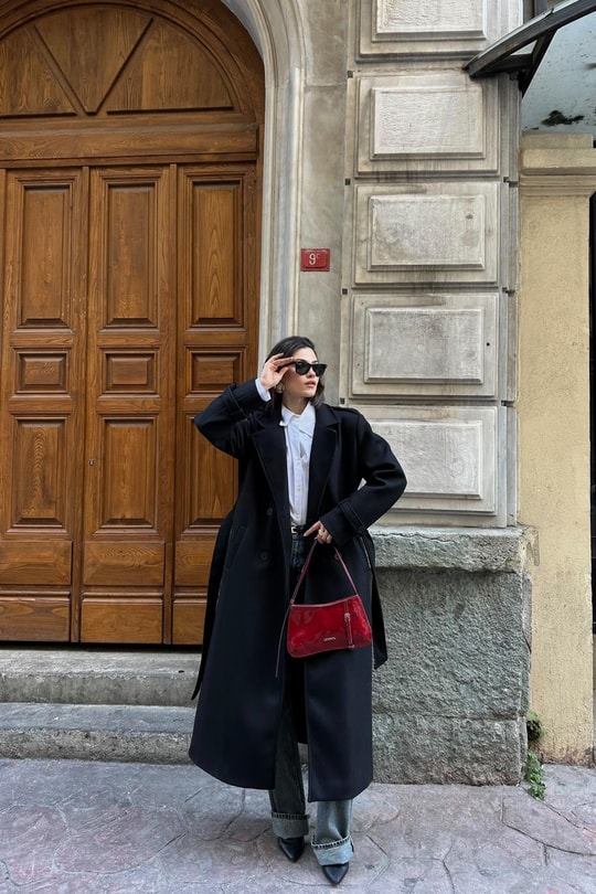 Ekose Astarlı  Kaşe Kaban Siyah