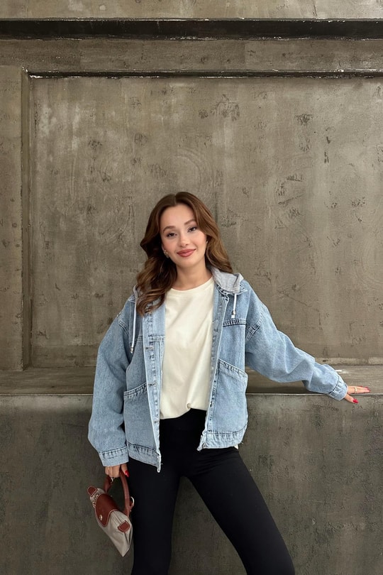 Kapüşonlu Denim Ceket Mavi