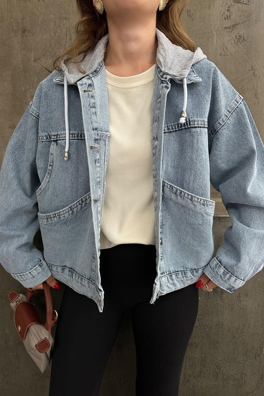 Kapüşonlu Denim Ceket Mavi