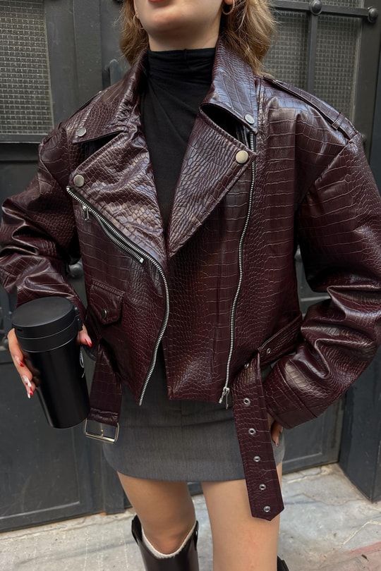 Kemerli Deri Crop Ceket Bordo