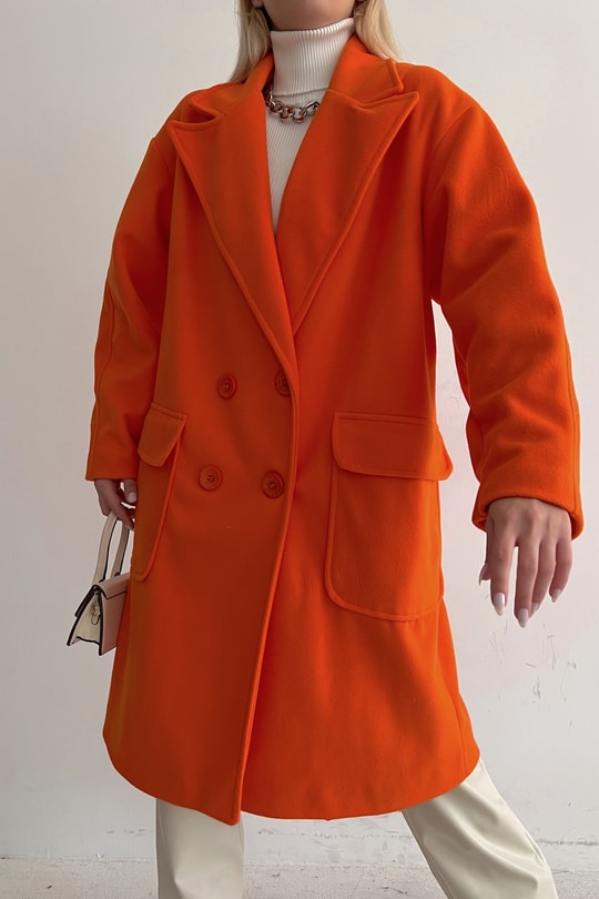 Kruvaze Kemik Düğmeli Kaşe Kaban Oranj