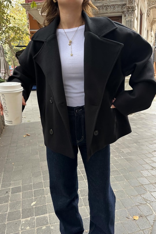 Kruvaze Kısa Kaban Siyah