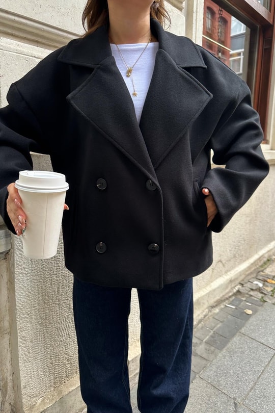 Kruvaze Kısa Kaban Siyah