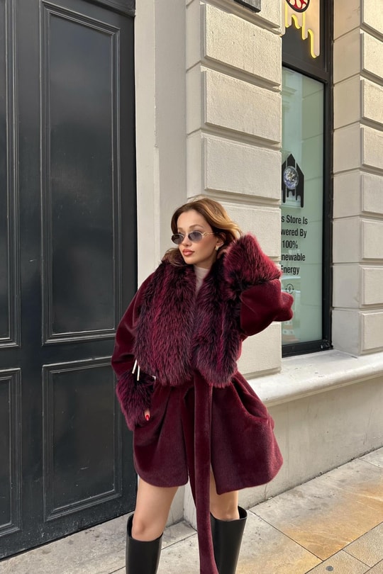 Kürk Yaka Premium Kaban Bordo