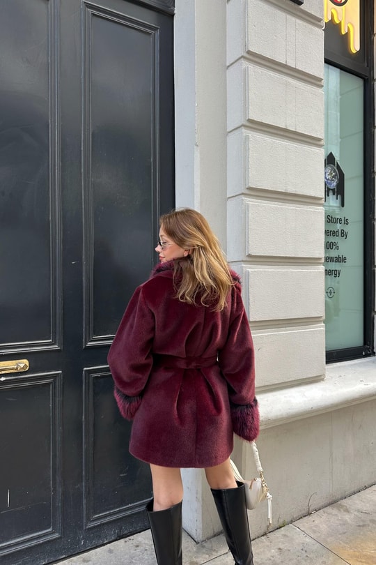 Kürk Yaka Premium Kaban Bordo