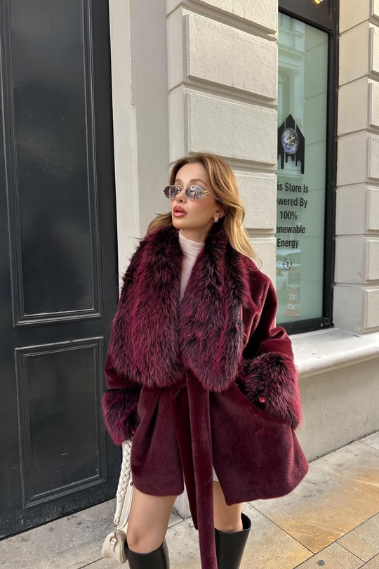 Kürk Yaka Premium Kaban Bordo