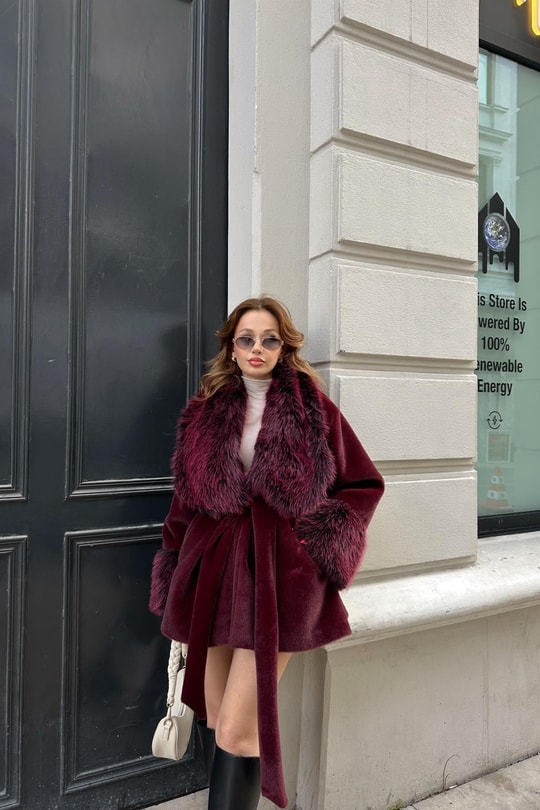 Kürk Yaka Premium Kaban Bordo
