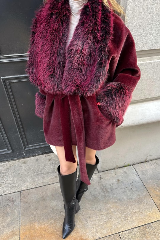 Kürk Yaka Premium Kaban Bordo