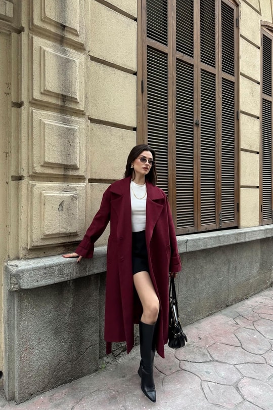 Kuşaklı Düğmeli Kaşe Kaban Bordo