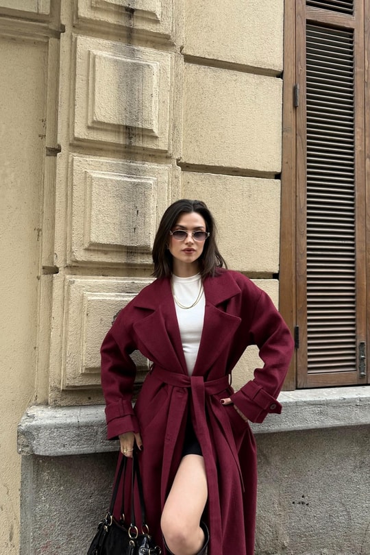 Kuşaklı Düğmeli Kaşe Kaban Bordo