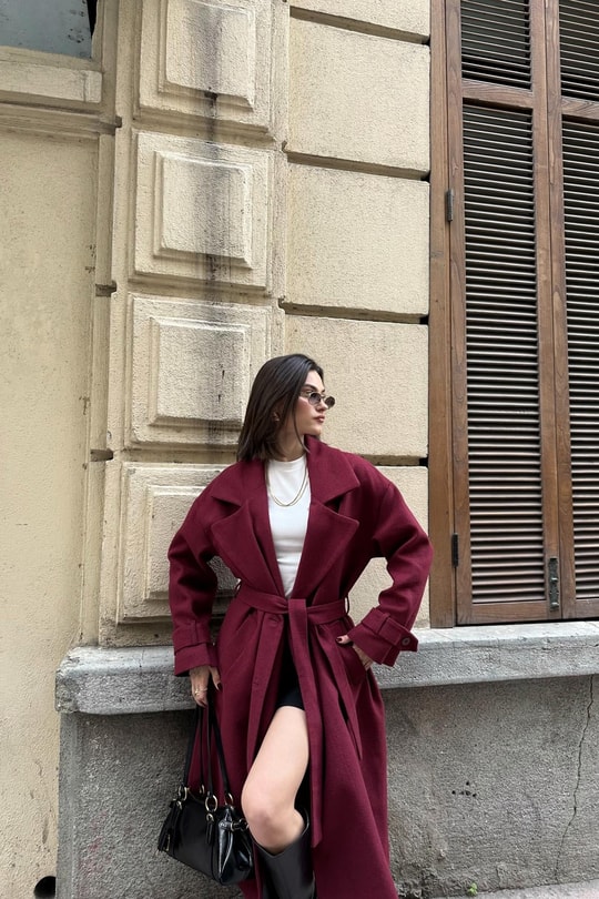 Kuşaklı Düğmeli Kaşe Kaban Bordo