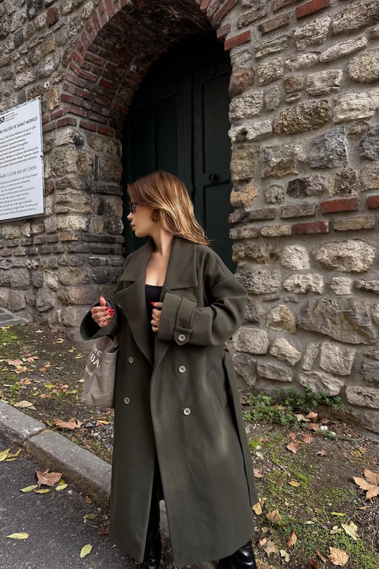 Kuşaklı Düğmeli Kaşe Kaban Haki