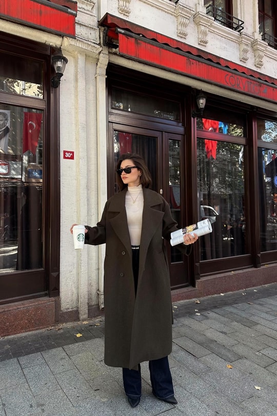 Kuşaklı Düğmeli Kaşe Kaban Koyu Haki