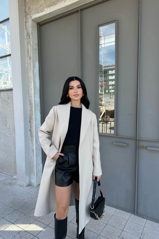 Kuşaklı Kaşe Kaban Bej